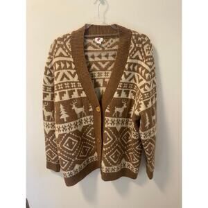 Seasonal Christmas Button Down Long Cardigan Brown Beige Reindeer-Size 1X